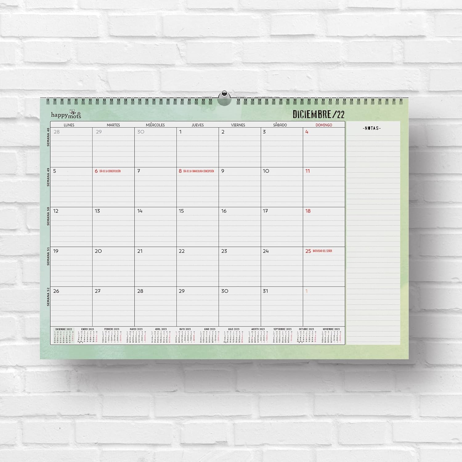 Planificador Mensual 2023 | HappyMots | Calendario Mensual Planificador | 32x47cm | 16 Meses - Sep. 2022 a Dic. 2023 | Espacio para Escribir y Apuntar. Cómodo, Práctico y Motivador.