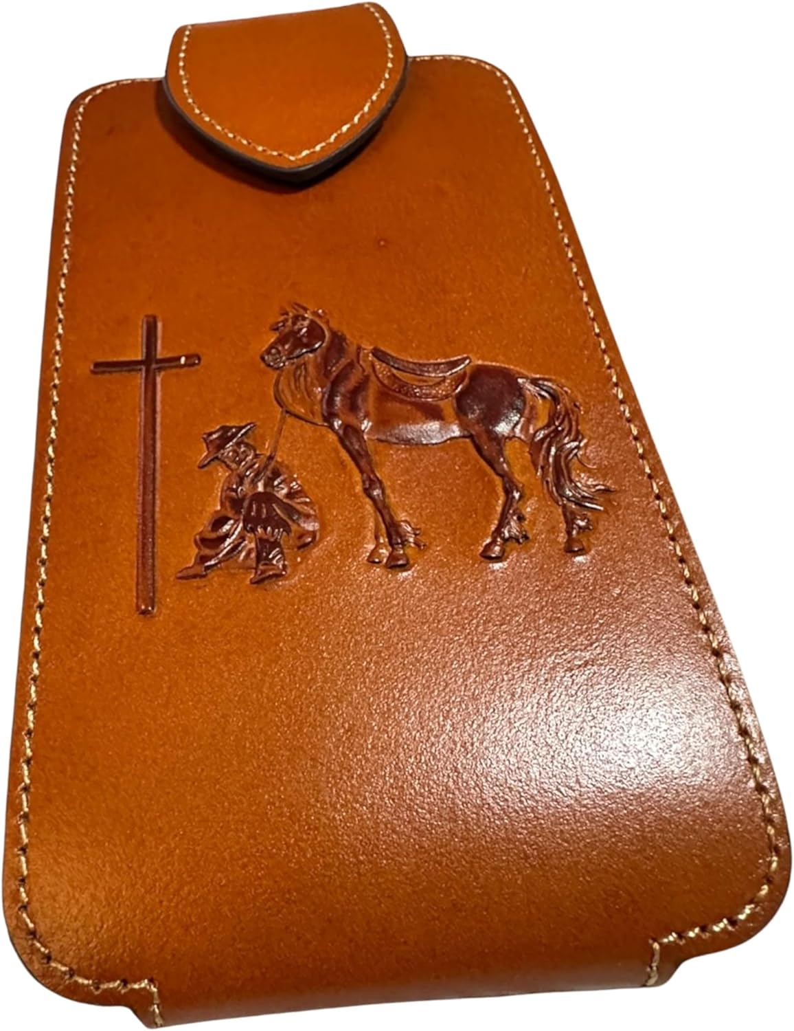 Western Leather Phone Holster – Embossed Cowboy Praying at Cross – Minimalist Plain Design – Belt Clip Case for Large Phones