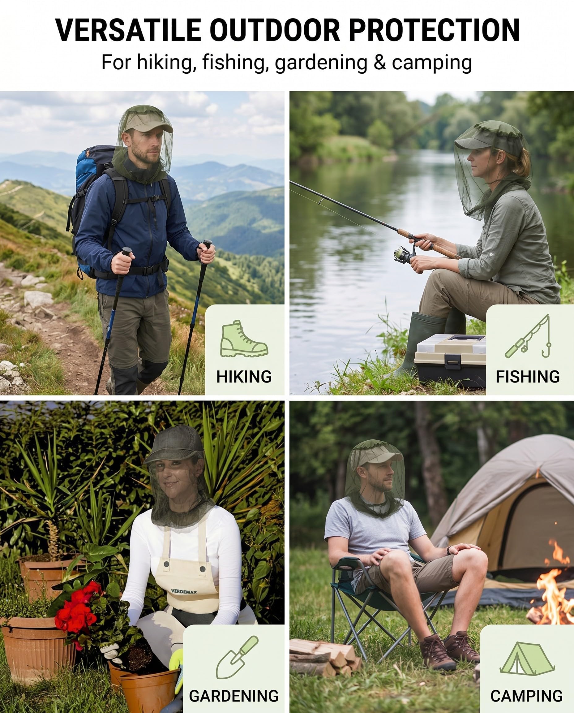 Cappello Zanzariera 2 Pezzi Verde Militare, con rete a maglie fini per protezione integrale traspirante da zanzare e insetti in Outdoor, Escursioni, Giardino.
