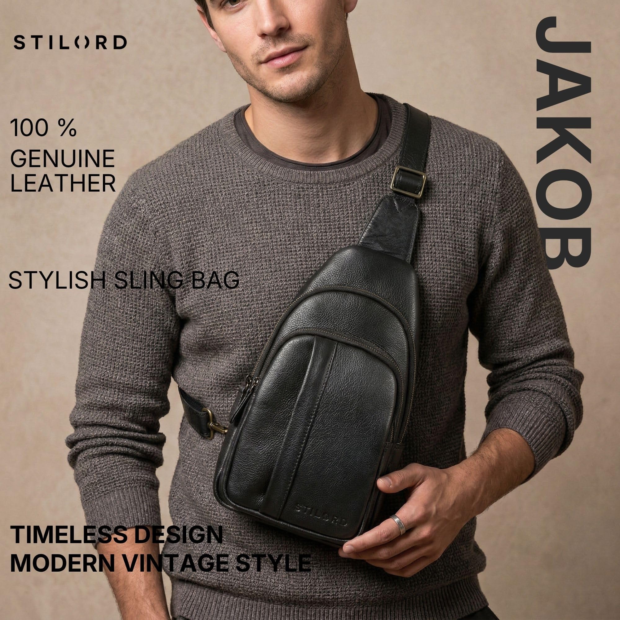 STILORD "Jakob" Duża Skórzana Torba Sling Dla Mężczyzn Saszetka Na Klatkę Piersiową Crossbody Torba Na Ramię Z Karabińczykiem I Kieszenią Antykradzieżową Kolor:czarny