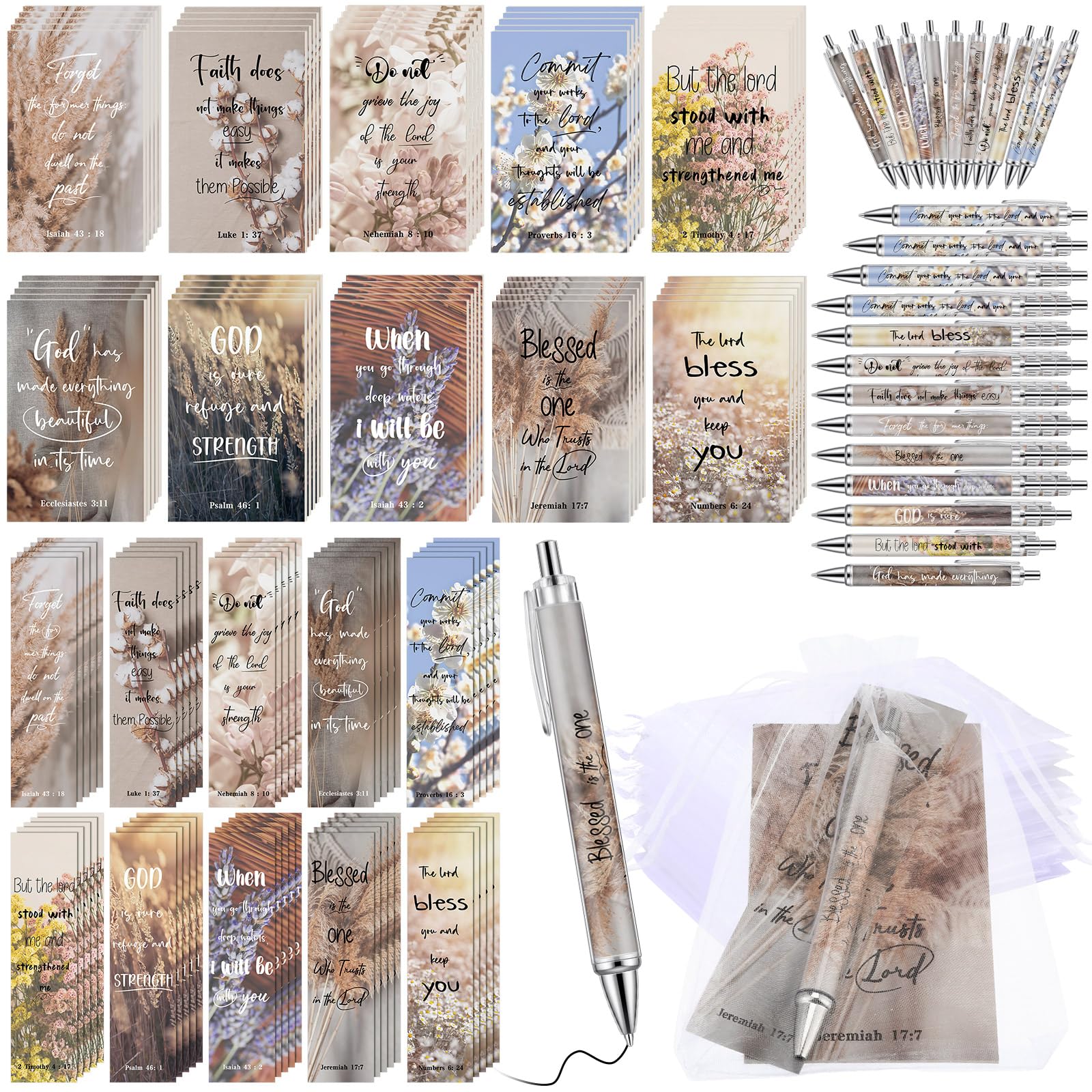 Yeaqee 200 Pcs Bible Verse Study Supplies Christian Gifts Bulk for Women Church Favors Include 50 Bookmarks 50 Ballpoint Pens 50 Notebooks 50 Organza