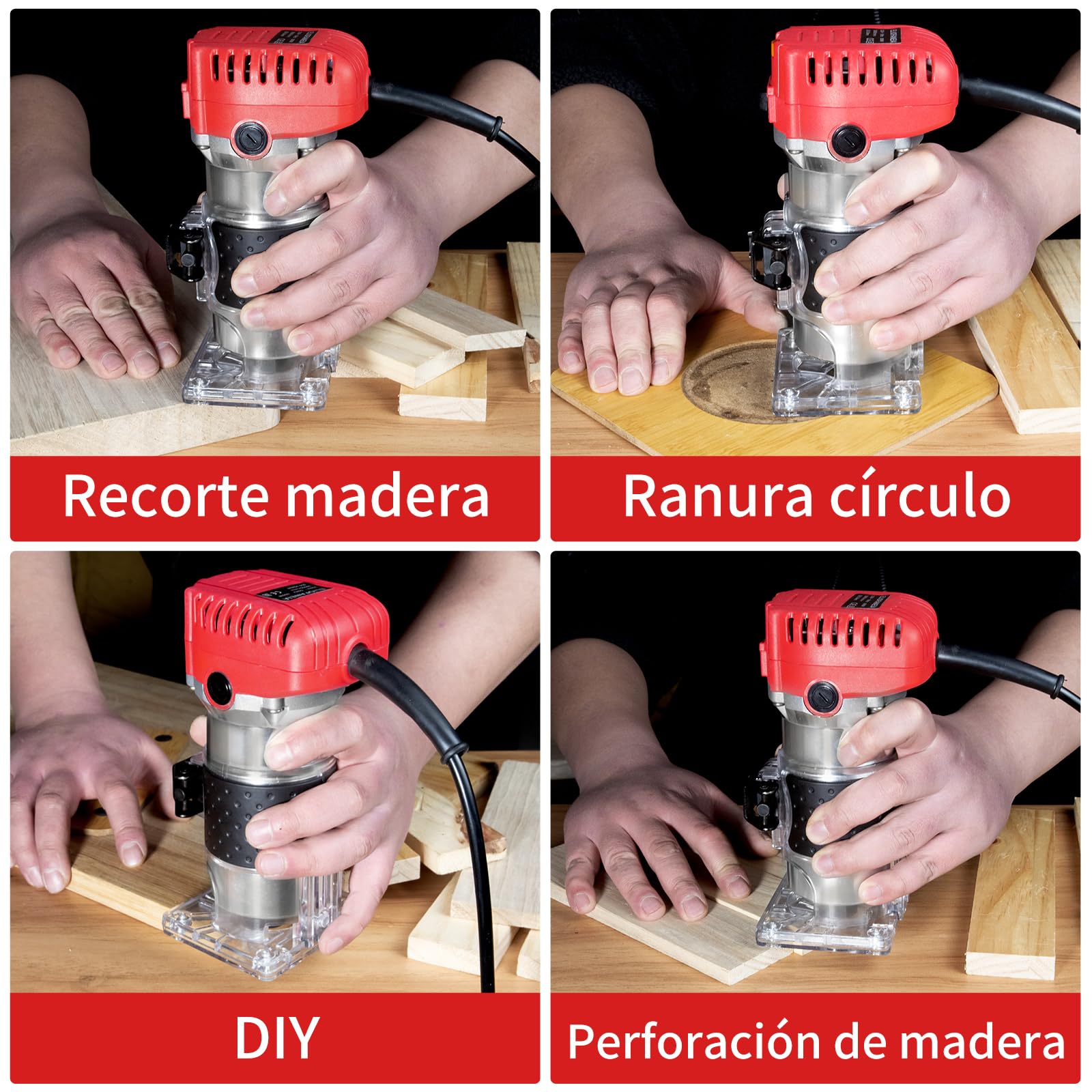 Fresadora de madera 800 W, 6 velocidades variables, 6,35 mm, cortador eléctrico de madera con juego de 15 puntas de 1/4 pulgadas, 30000 RPM Rebajadora Eléctrica