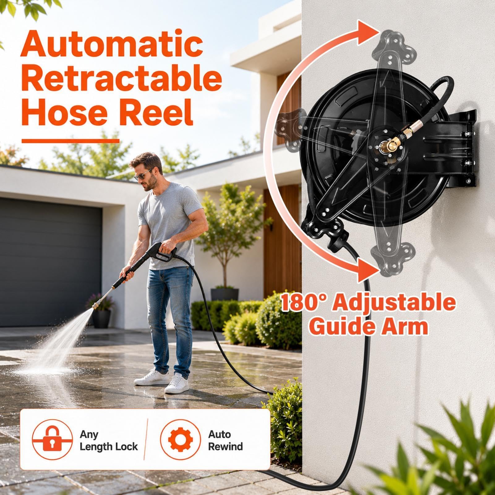 Carrete de manguera retráctil de alta presión de acero pesado retráctil automático de 15 m x 0,95 cm con manguera corta de 1,5 m, 4000 PSI con articulación giratoria de 360 grados
