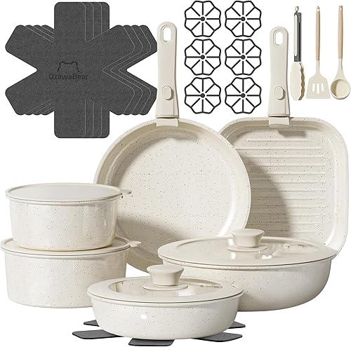 Juego de 26 ollas y sartenes antiadherentes, juego de utensilios de cocina de cerámica no tóxicos con asas desmontables, utensilios de cocina de