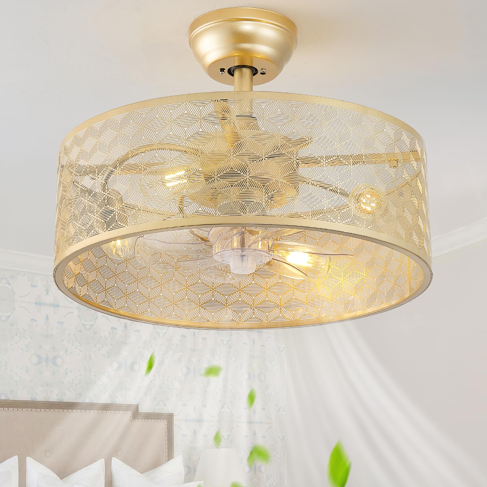 20" Boho Ceiling Fans with Lights, Gold Fandelier Ceiling Fan with Light Remote Control with Caged 6 Speeds for Bedroom, Nursery, Living Room