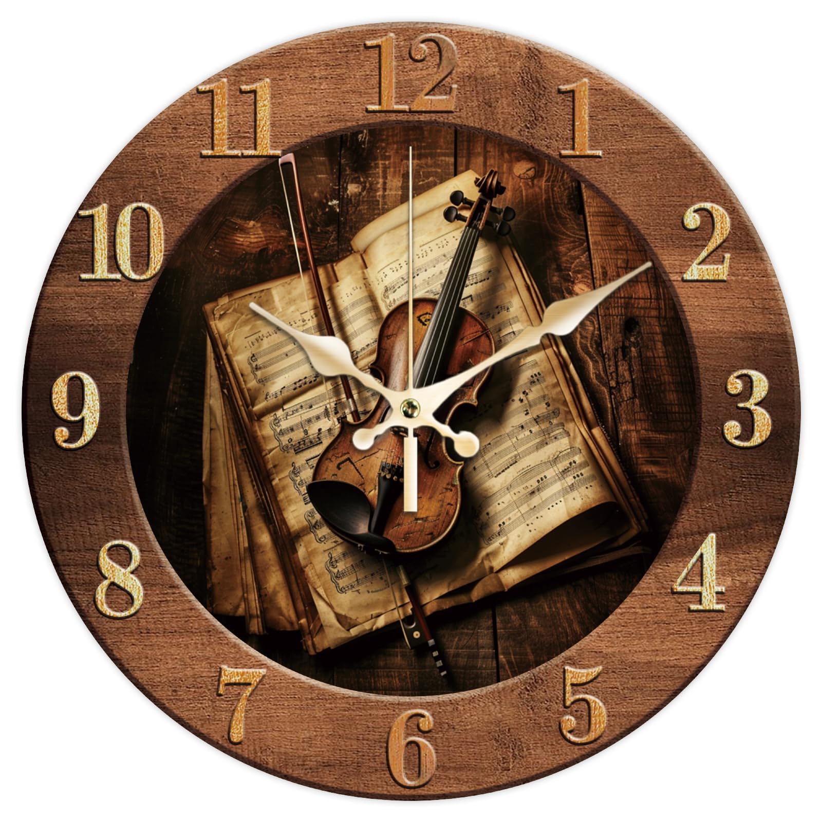CONCHLERY Vintage Violin Clock 12 Inch Non-Ticking Clocks Music Round Wall Hanging Clock for Bedroom Living Room Kitchen Office