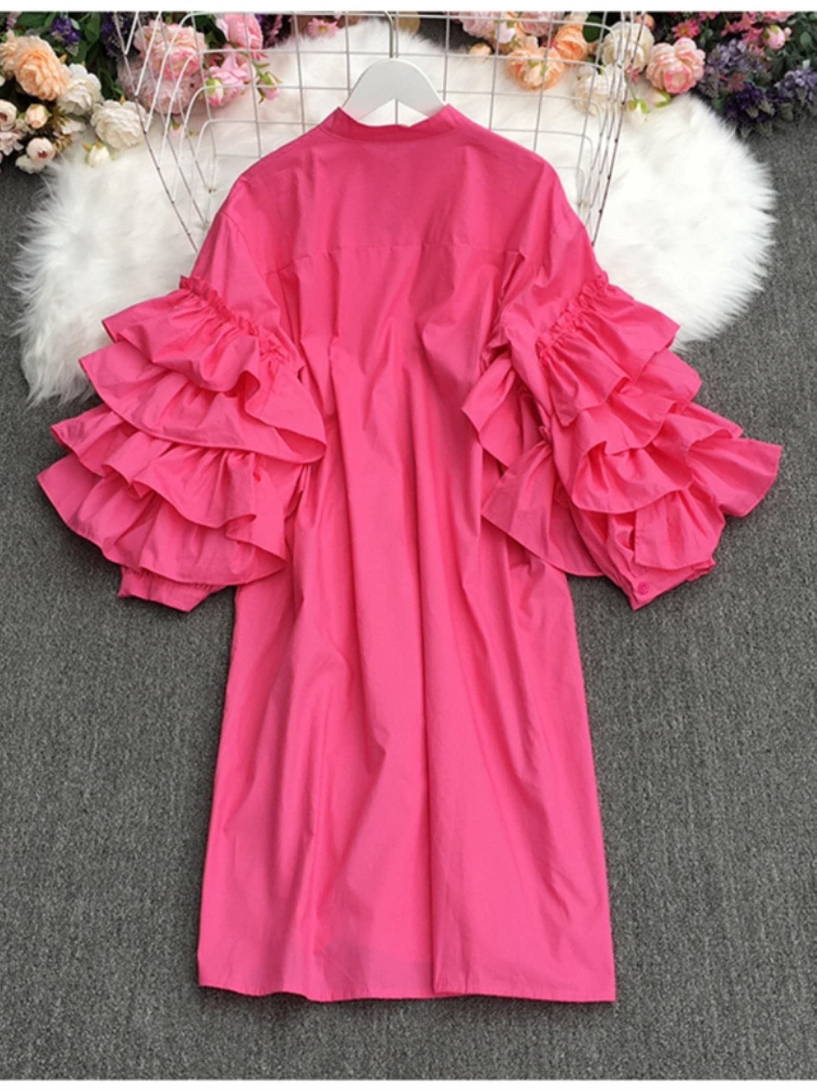 Autunno Femminile Volant Bordo Manica Soffio Rosy Camicia Abiti Donne Tinta unita Manica Lunga Abito Esotico