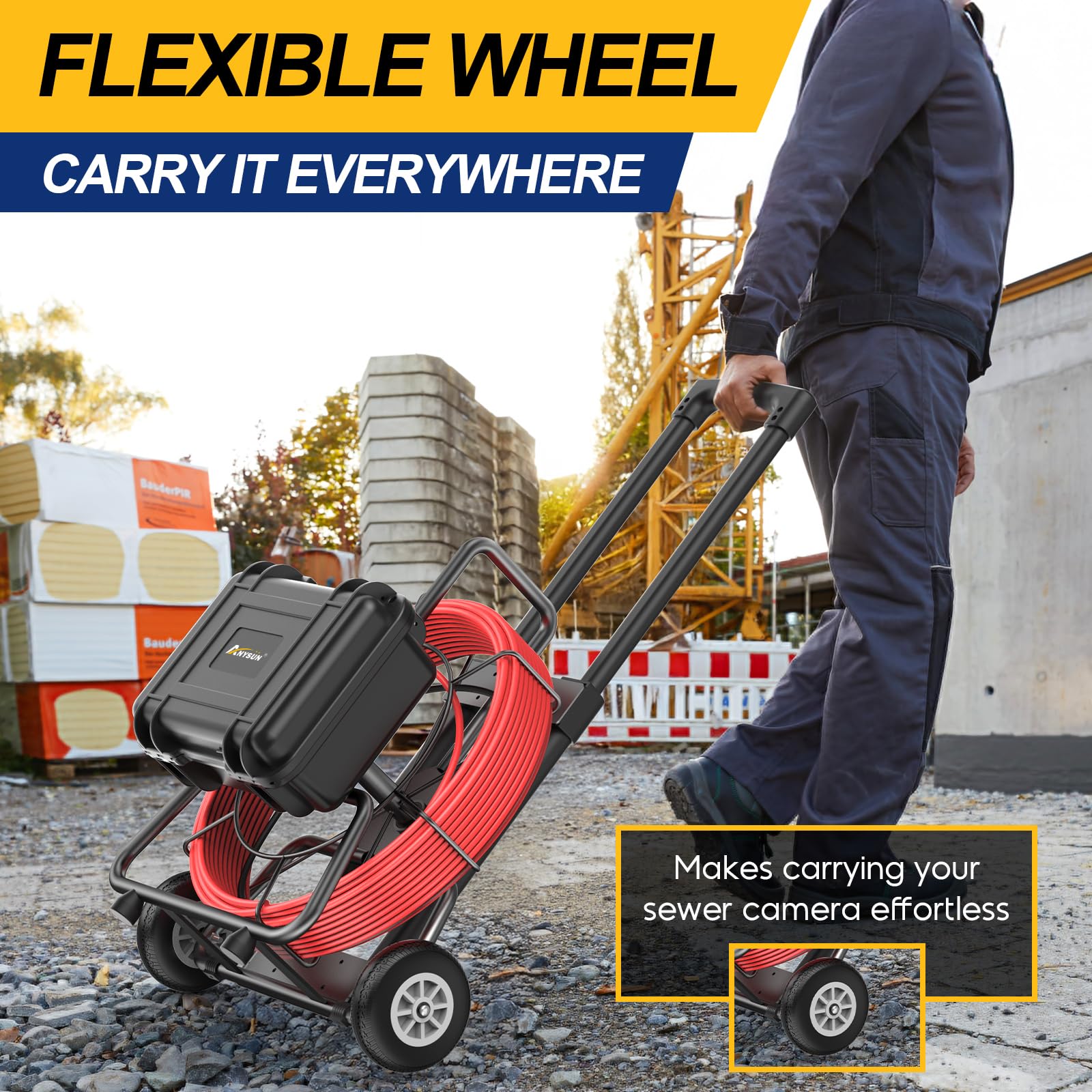 Anysun All in 1 Sewer Camera with Locator & Wheels & Pull Handle, 7MM 300Ft Cable, Self Leveling, Distance Counter, 32GB Card, 9'' HD Monitor, Pipe Drain Inspection Camera IP68 Industrial Borescope