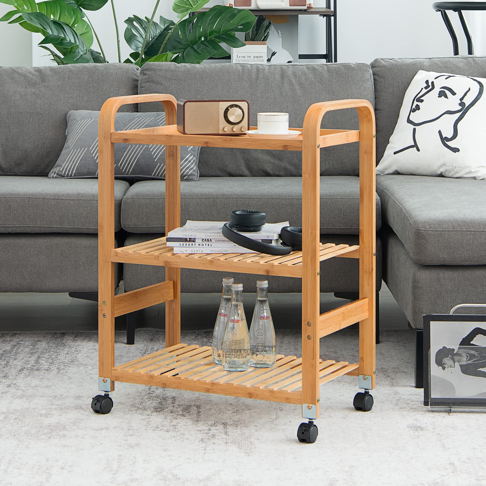 Giantex Carro de Servicio de Bambú, Carrito de Cocina con Ruedas Giratorias, Carrito Auxiliar de Almacenamiento con 3 Estantes, con Asas, Ruedas Extraíbles, para Cocina, Comedor, Salón