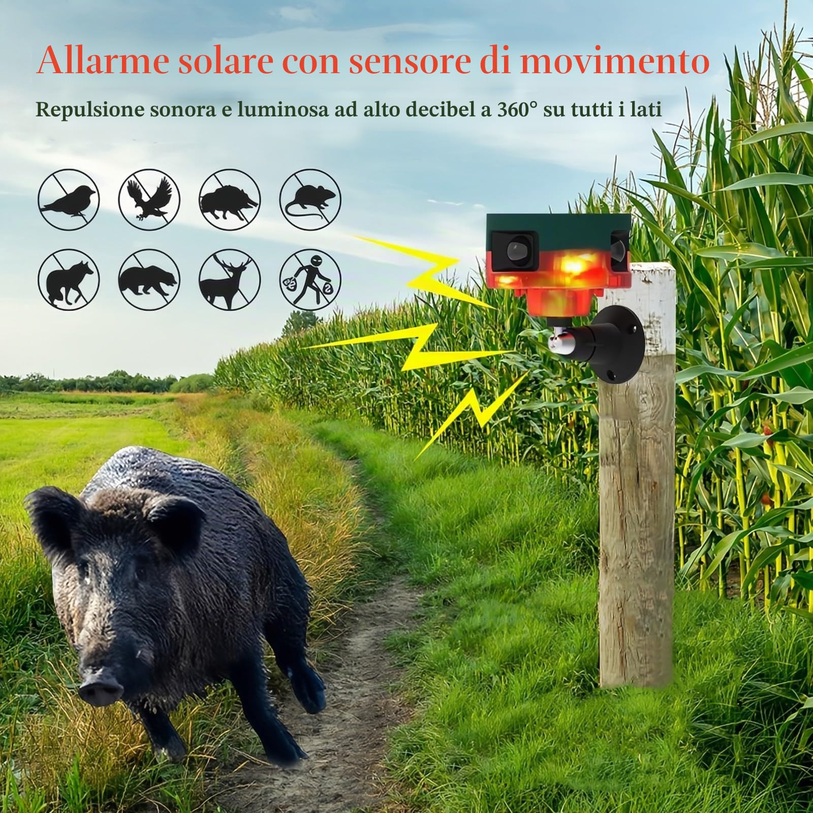 sensore movimento solare allarme repellente 360°Rilevatore di movimento forte sirena LED luce lampeggiante IP55 impermeabile con telecomando registrazione per fattoria casa fienile cortile