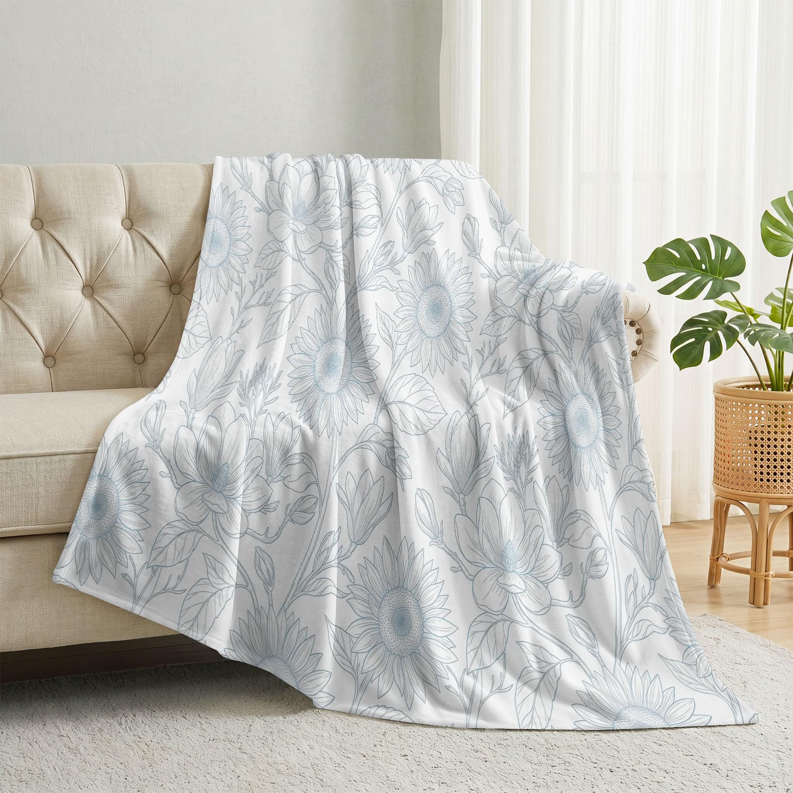 Sonnenblumen Blumen Linien Kuscheldecke Aus Weichem Flanell, 180 x 200 cm