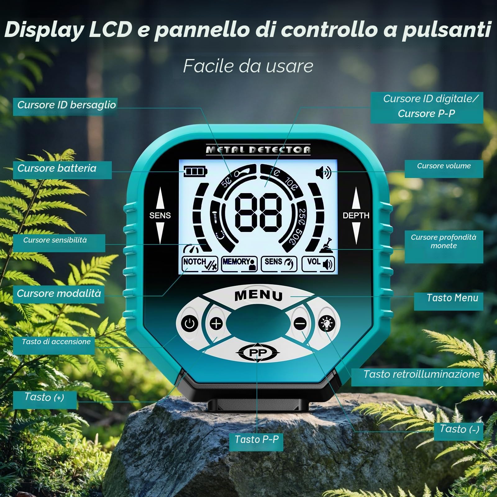 Metal Detector Professionale con Display LCD, Lunghezza Regolabile 106-121 cm, metaldetector professionale con funzione Pinpoint, Bobina Impermeabile IP68 per la caccia al tesoro in spiaggia