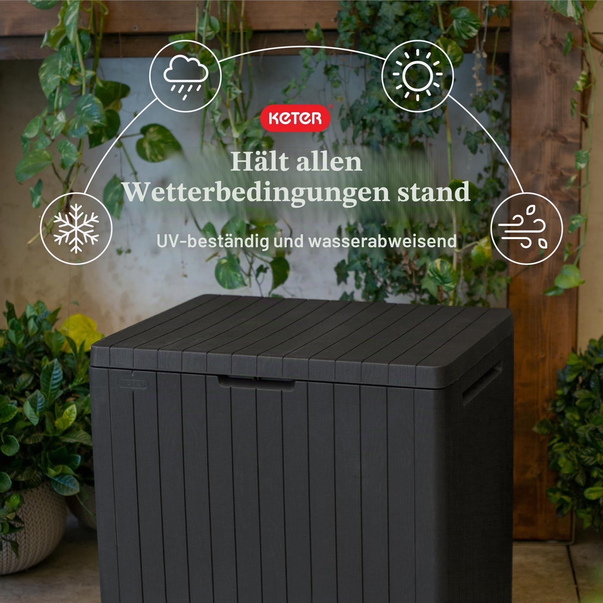 Keter City Aufbewahrungsbox und Terrassenmöbel, Beistelltisch für Pool und Gartenzubehör, aus Kunstharz, 30 Gallonen, Dunkelgrau