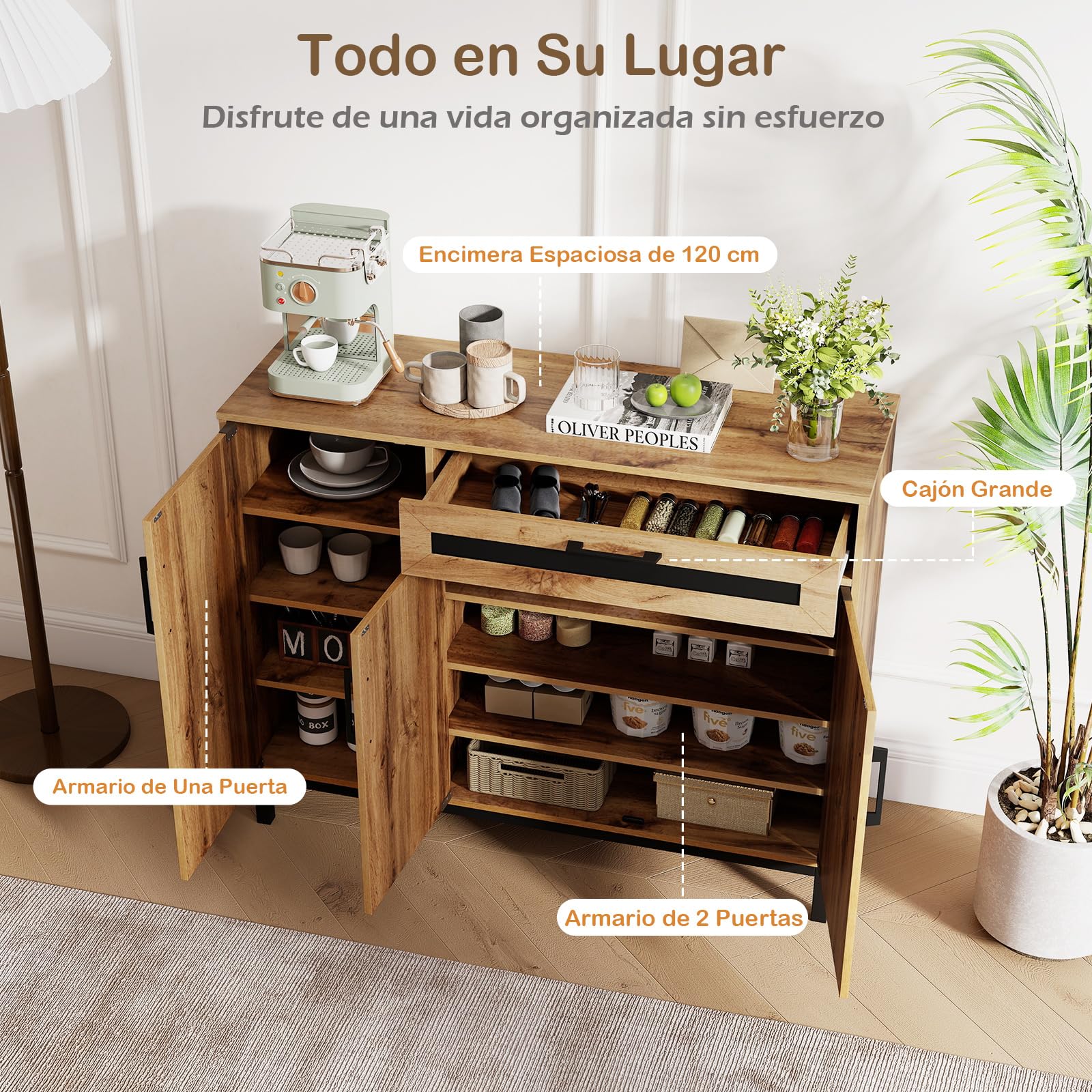 COSTWAY Aparador Buffet, Aparador Cocina con Cajón, 3 Puertas y Estantes Extraíbles, Mueble Auxiliar para Salón, Cocina, Recibidor y Entrada, 120 x 41 x 95 cm, Natural + Negro