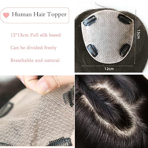 Miniatura 4 de MorningWigs Toppers para el cabello para mujer, 100% cabello humano real, piezas de cabello para mujeres, 4.7 x 5.1 in, base de seda completa,