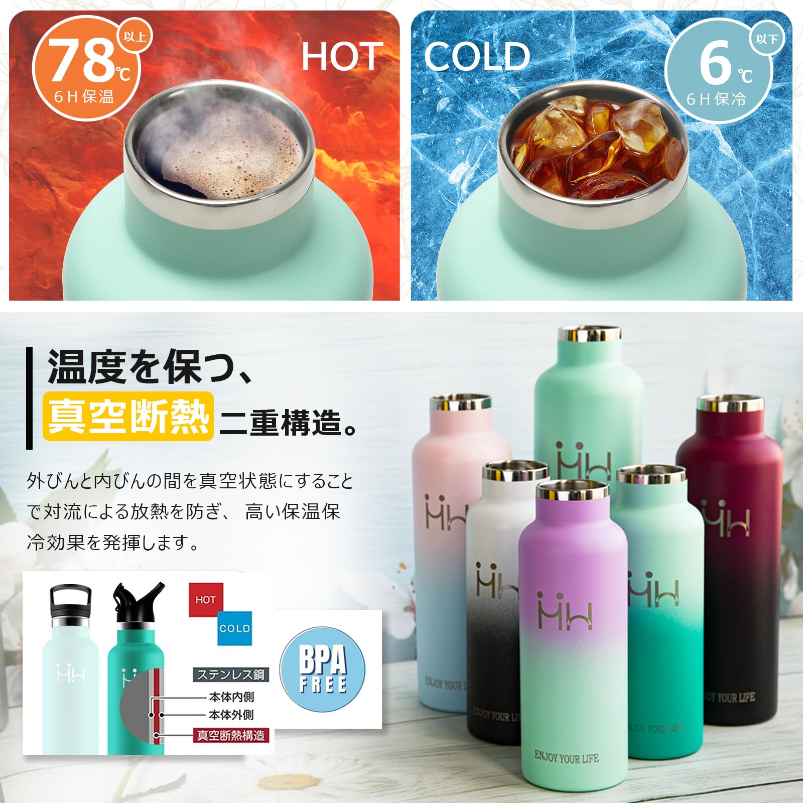 Amazon | HULEYA スポーツボトル 水筒 1000ml 魔法瓶 炭酸対応 保温 