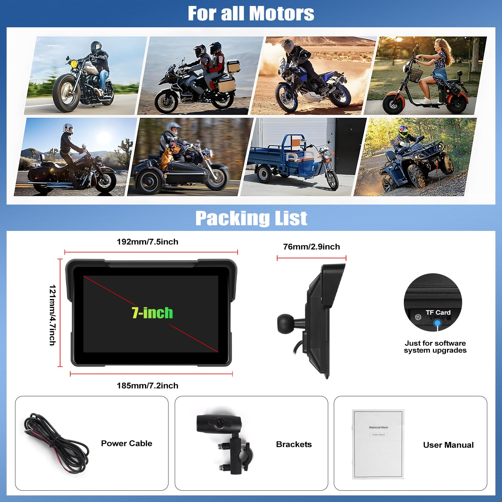 SIXWIN Pantalla Carplay Moto con inalámbrico Carplay Android Auto, 7 Pulgadas con IPx7 Impermeable Táctil Pantalla, Bluetooth, Navegación GPS, Siri y Asistente de G00gle