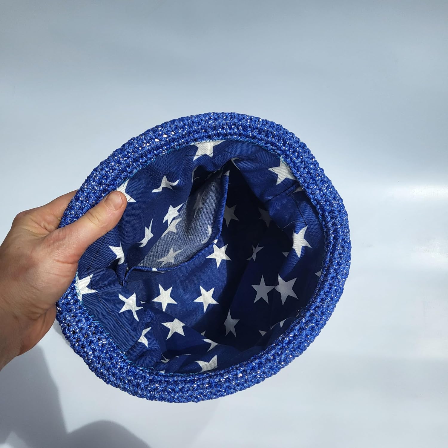 Crochet Dumpling Bag Sparkly Cream Blue Zigzag Purse