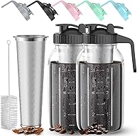 2 Pack 64oz Cold Brew Coffee Maker - Thick Glass Jar with Stainless Steel Filter, Leak-Proof Lid & Handle for Iced Coffee, Tea (1.9L Pitcher)