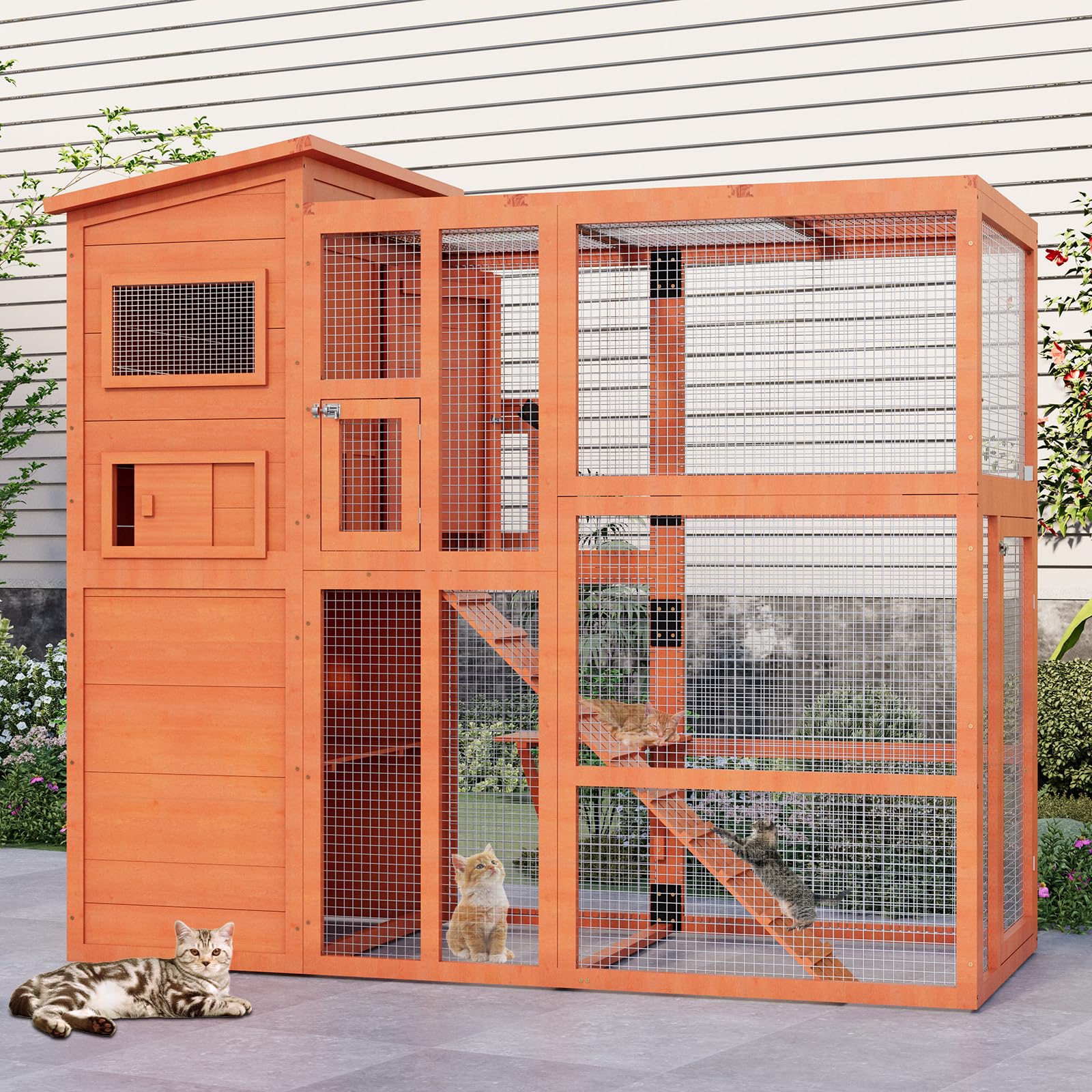 Large Catio Outdoor Cat Enclosure with Weatherproof Roof, 4 Tiers Catios for Cats Patio Outdoor Indoor, Spacious Cat Cage with Resting Rooms,