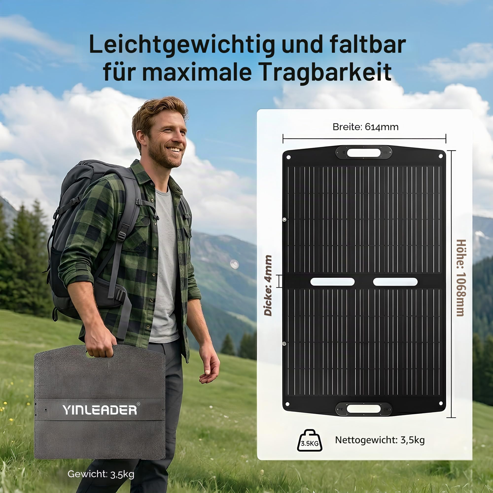 Yinleader 100W Faltbares Solarpanel Monokristallin IP65 Tragbares Solarmodul für Camping Wohnmobil
