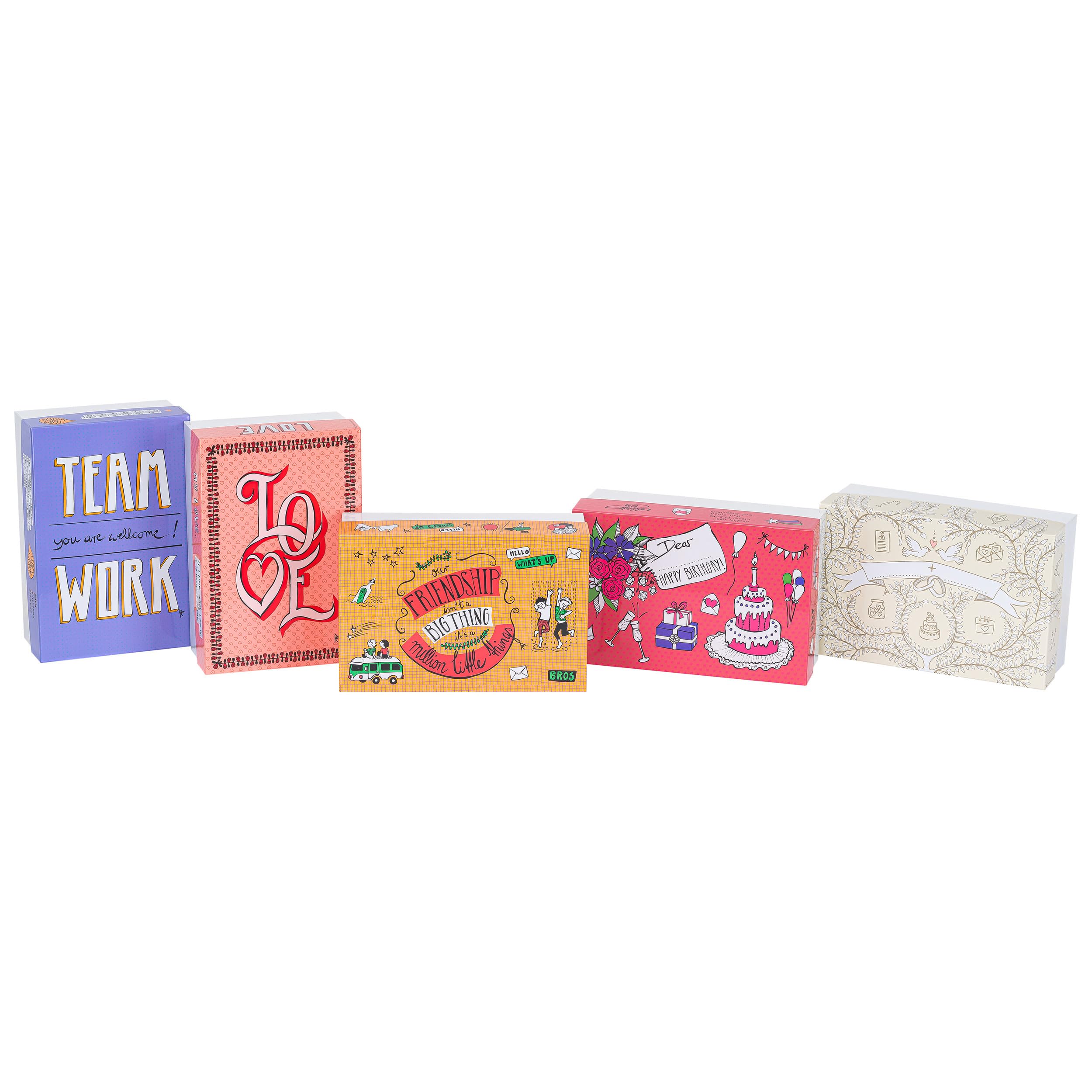 FALKEN StoryBox - Juego de 5 cajas de regalo surtidas, 120 mm de alto, DIN A4+, fabricadas en Alemania. Caja de regalo con tapa. Ideal para recuerdos, fotos, colecciones, imágenes, manualidades, cajas