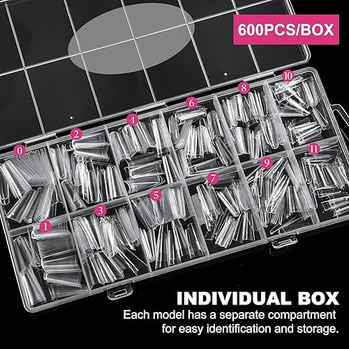 Miniatura 5 de krofaue 1200 piezas de puntas de uñas en forma de ataúd - Puntas de uñas de media cubierta, 12 tamaños, puntas de uñas postizas para uñas acrílicas,