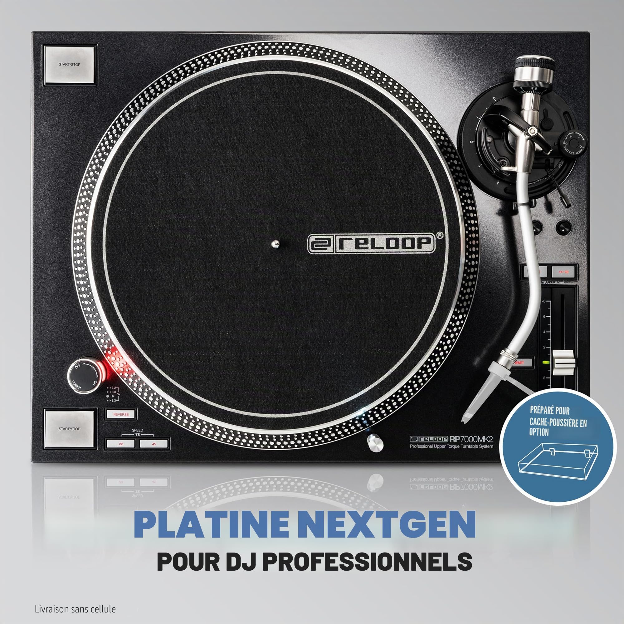 Reloop RP-7000 MK2 - Platine DJ Professionnelle avec entraînement Direct Upper Torque Quartz, Nouvelle Base de Bras de Lecture, réglable en Hauteur statiquement
