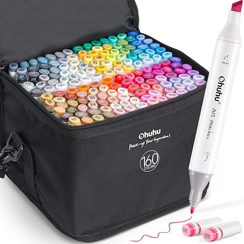 Ohuhu 160 Colours Alcohol Art Markers, Double Tipped Marker Set for Adults Coloring, Alcohol-based Sketch Markers for Drawing, 1 Colourless Marker Blender - 160 colours
