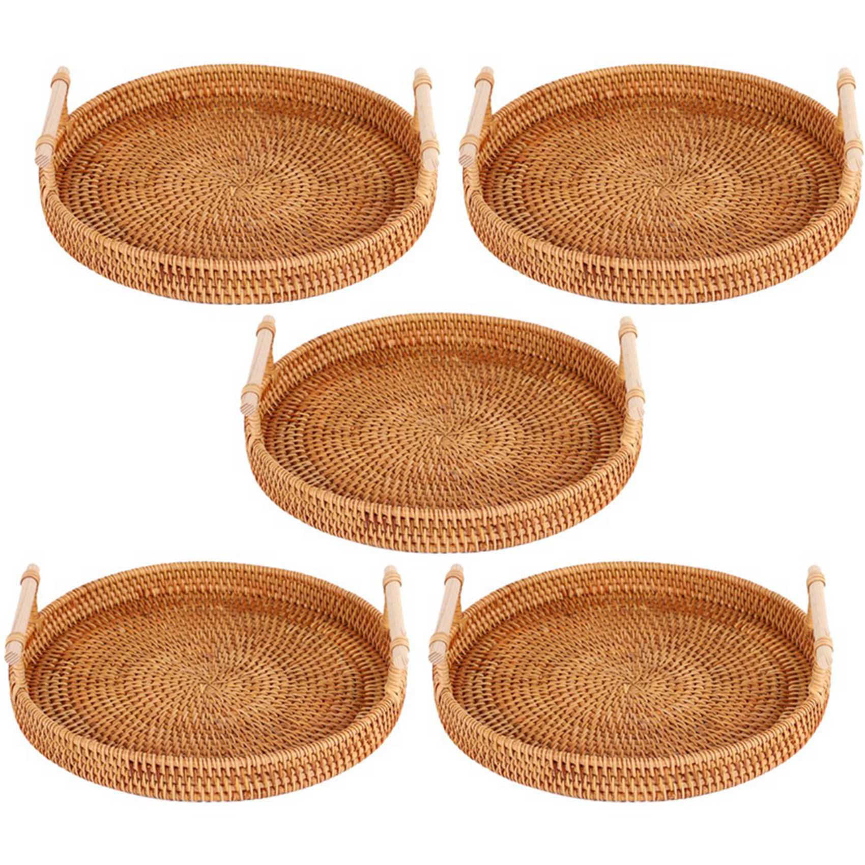 Hndhbfgrt 5X Rattan Storage Tray, Round Basket with Handle, Hand-Woven, Rattan Tray Wicker Basket L