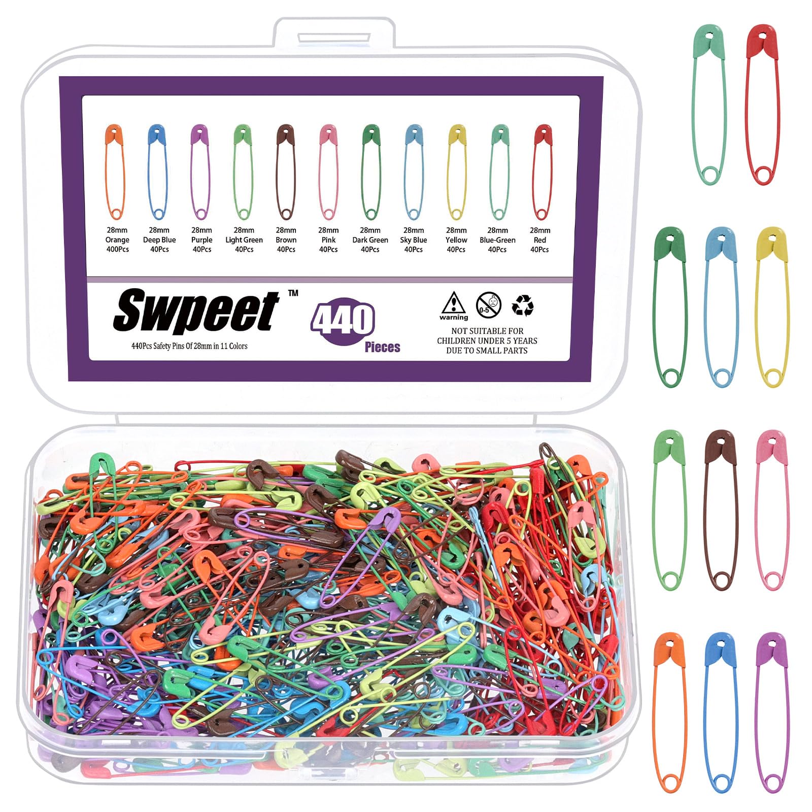 Kit surtido de 440 pines de seguridad coloridos de 28 mm con funda