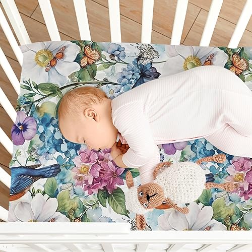 Miniatura 8 de Kigai Sábana bajera ajustable para cuna para niños y niñas, sábana de punto vintage con diseño de flor de pájaro para colchones estándar de cuna y