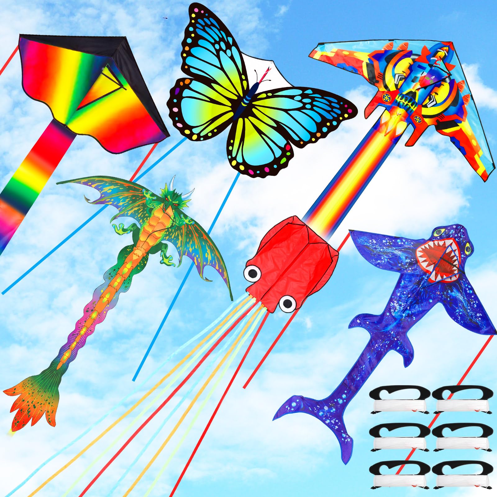 Silipull 6 Pack Large Flying Animal Kites for Adults with Reel and String Pterosaur Dragon Rainbow Butterfly Shark Octopus Rocket Kites for Beach Outdoor Park Game Activities