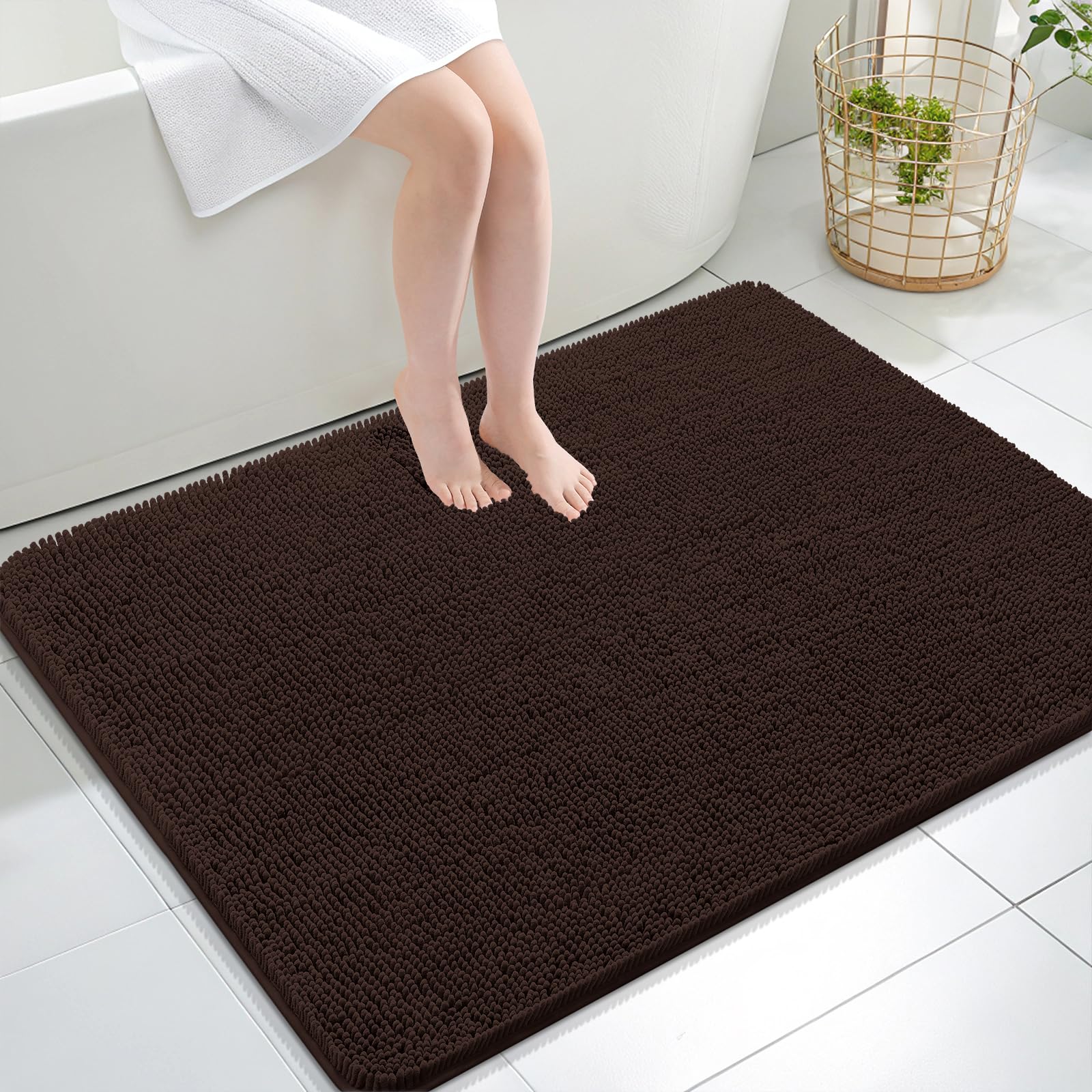 OLANLY Large Bathroom Rugs 40x32, Extra Soft Absorbent Chenille Bath Rugs | Brown, Quick-Drying Rubber Backing, Machine Washable Bath Mat for Bathroom Floor, Tub and Shower, Home Decor Accessories
