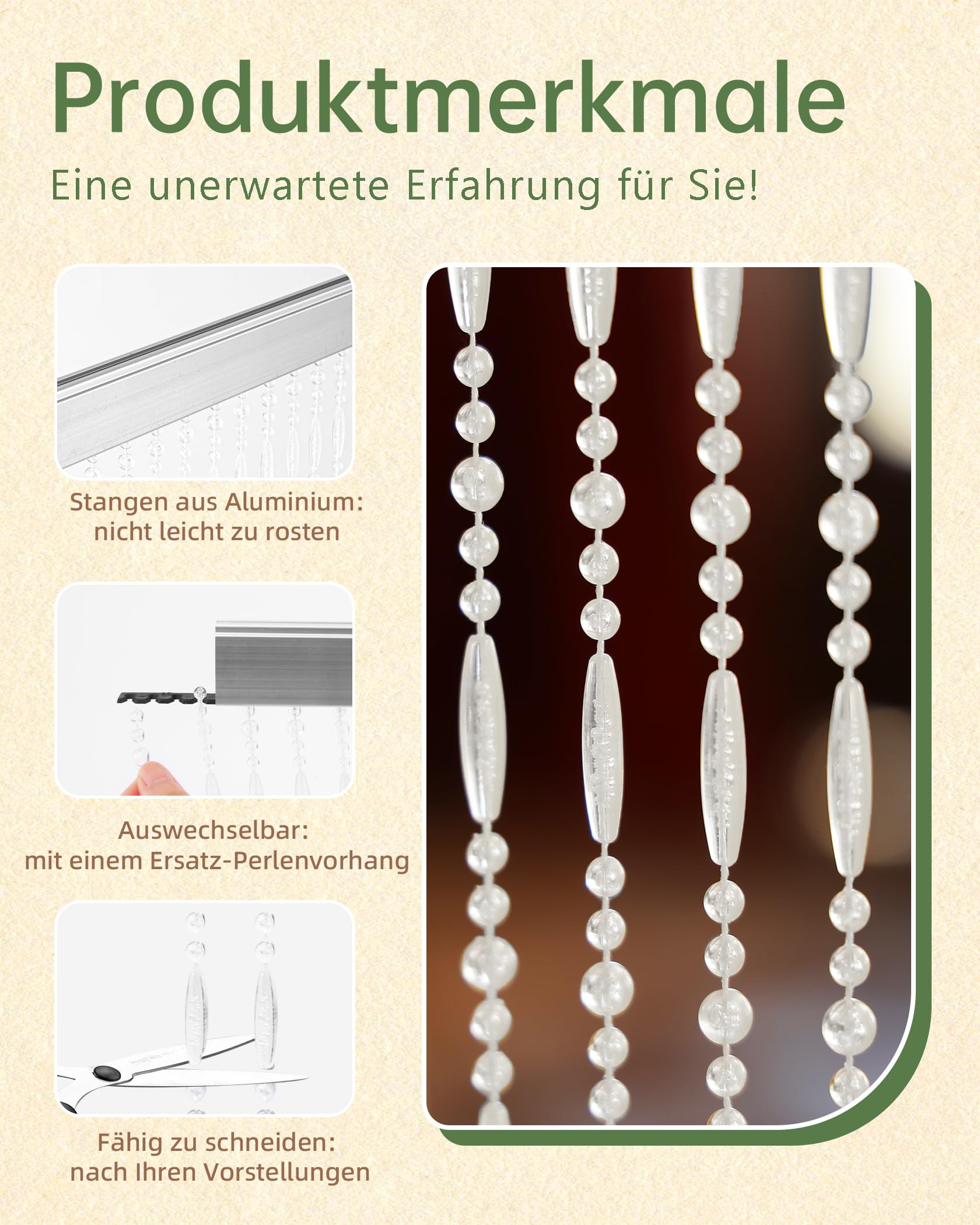 100x230cm Transparent Perlenvorhang Balkontür, 75 Stränge Kunststoffperlenvorhang Perlenvorhang Türvorhang als Insektenschutz und Dekoration für Balkontür, Zimmer