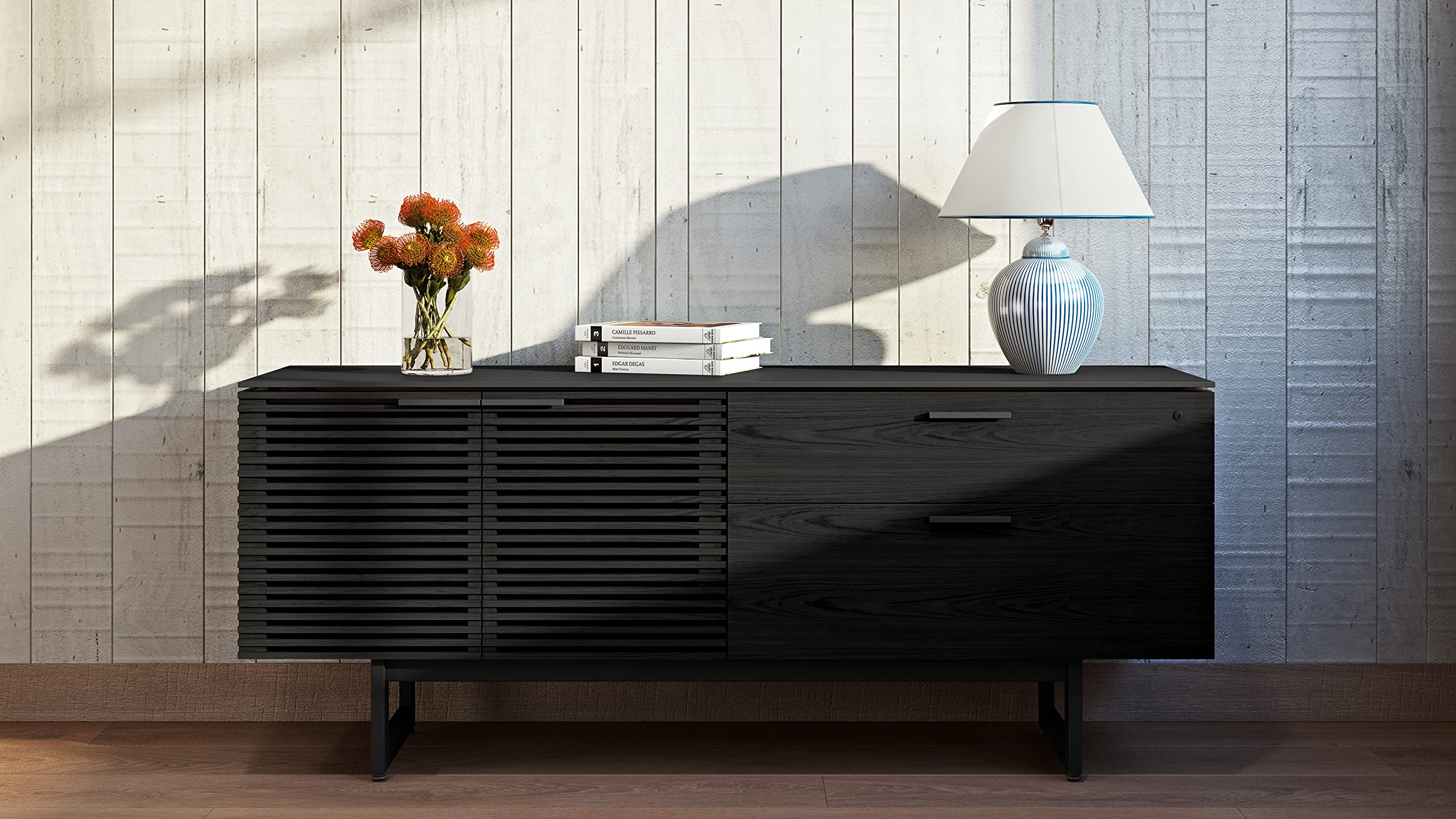 BDI Corridor Office Credenza - 70" Walnut Storage Cabinet With Locking File Drawer & Glass Top