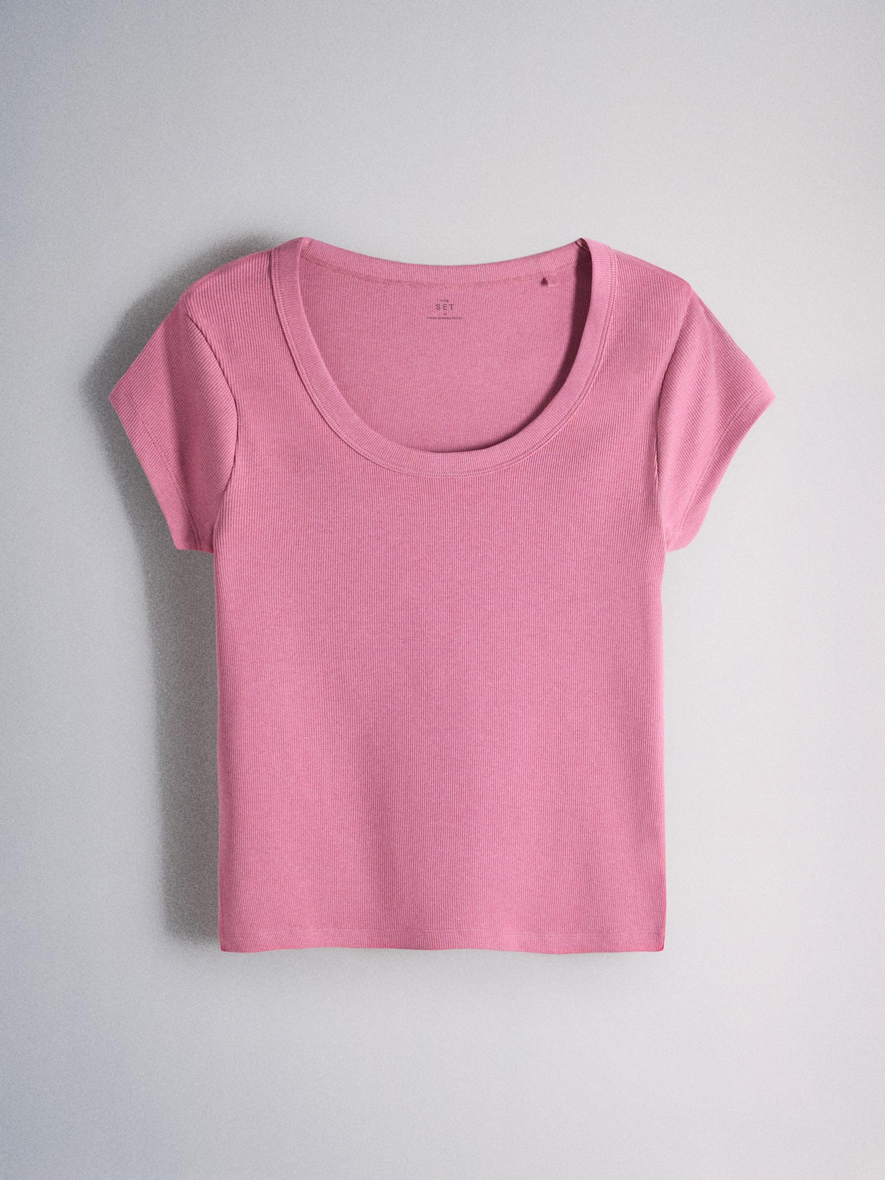 THE SET Damen Gerippte T-Shirts mit U-Ausschnitt und überschnittenen Schultern, 5er-Pack