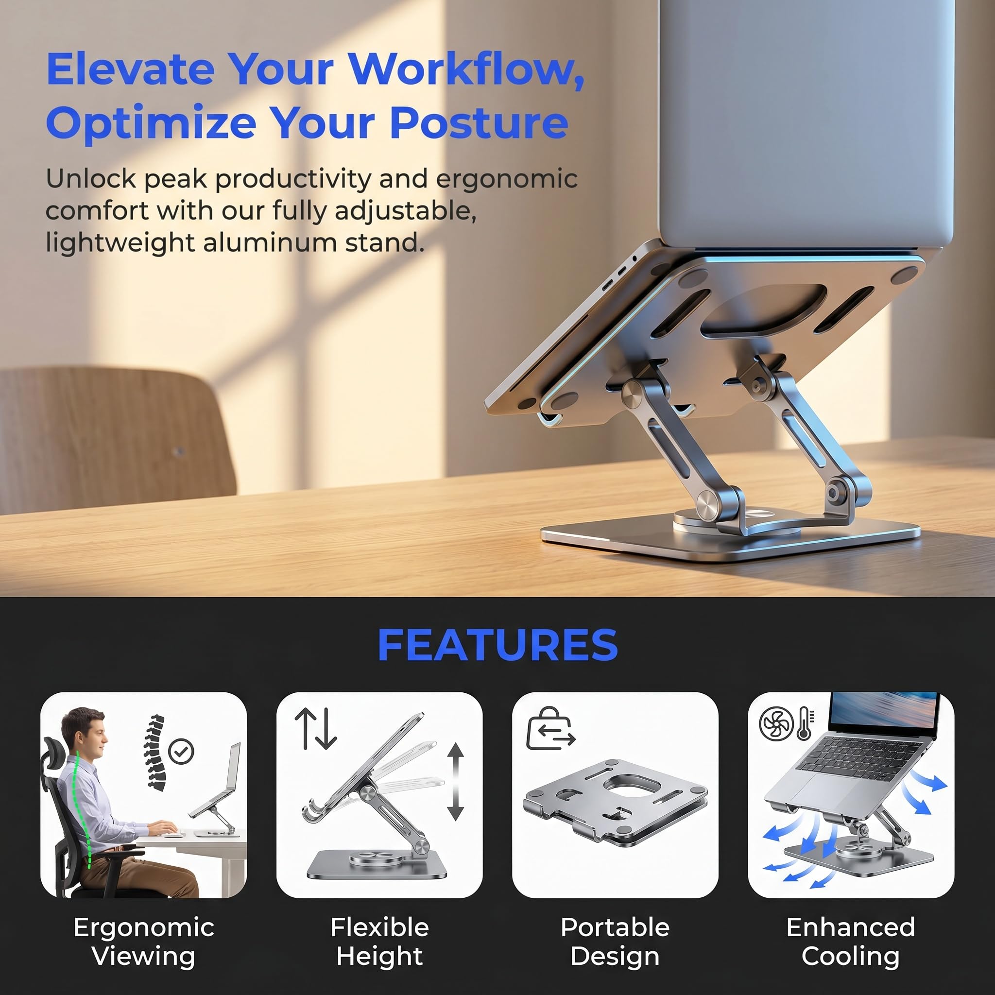 Soporte Plegable para Portátil, para Escritorio, Tableta Y Móvil, Soporte Ajustable, Soporte Ergonómico Portátil para Cama, Viajes Y Oficina.