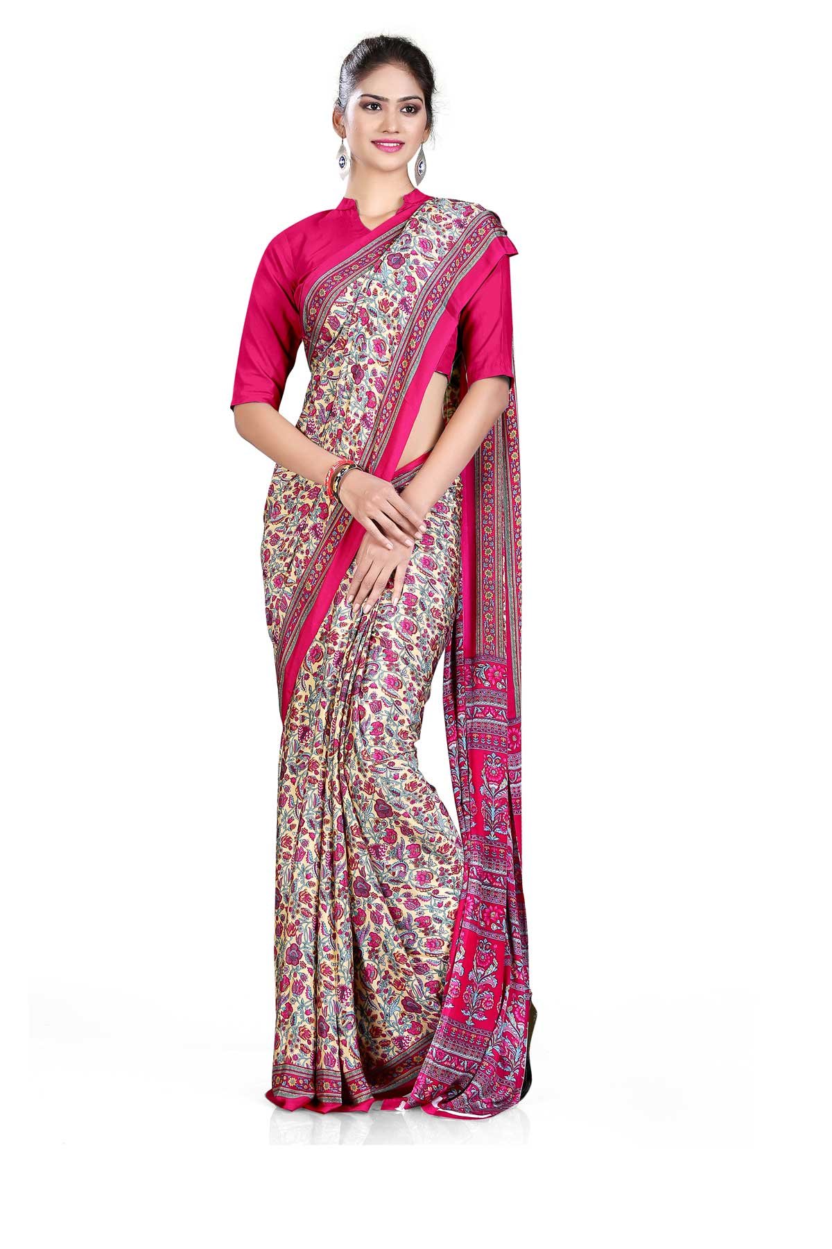 Uniform Sarees CorpWomen's Paisley Print Silk Crepe Institution Uniform Saree With Blouse Piece (Pink)
