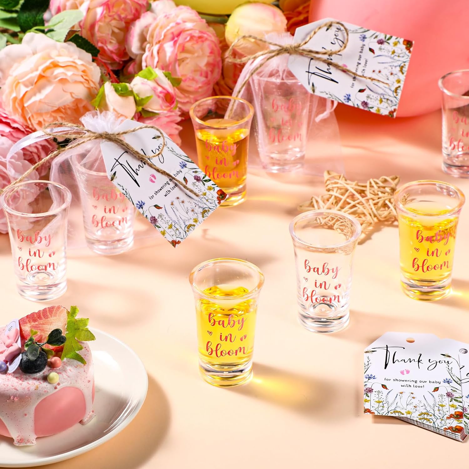 Pickmesh 50 Sets Baby Shower Shot Glasses for Guests Include Acrylic Clear Shot Glasses Thank You Cards Organza Bags Babies Shower Gifts for Gender Reveal Party Supplies (Baby in Bloom)