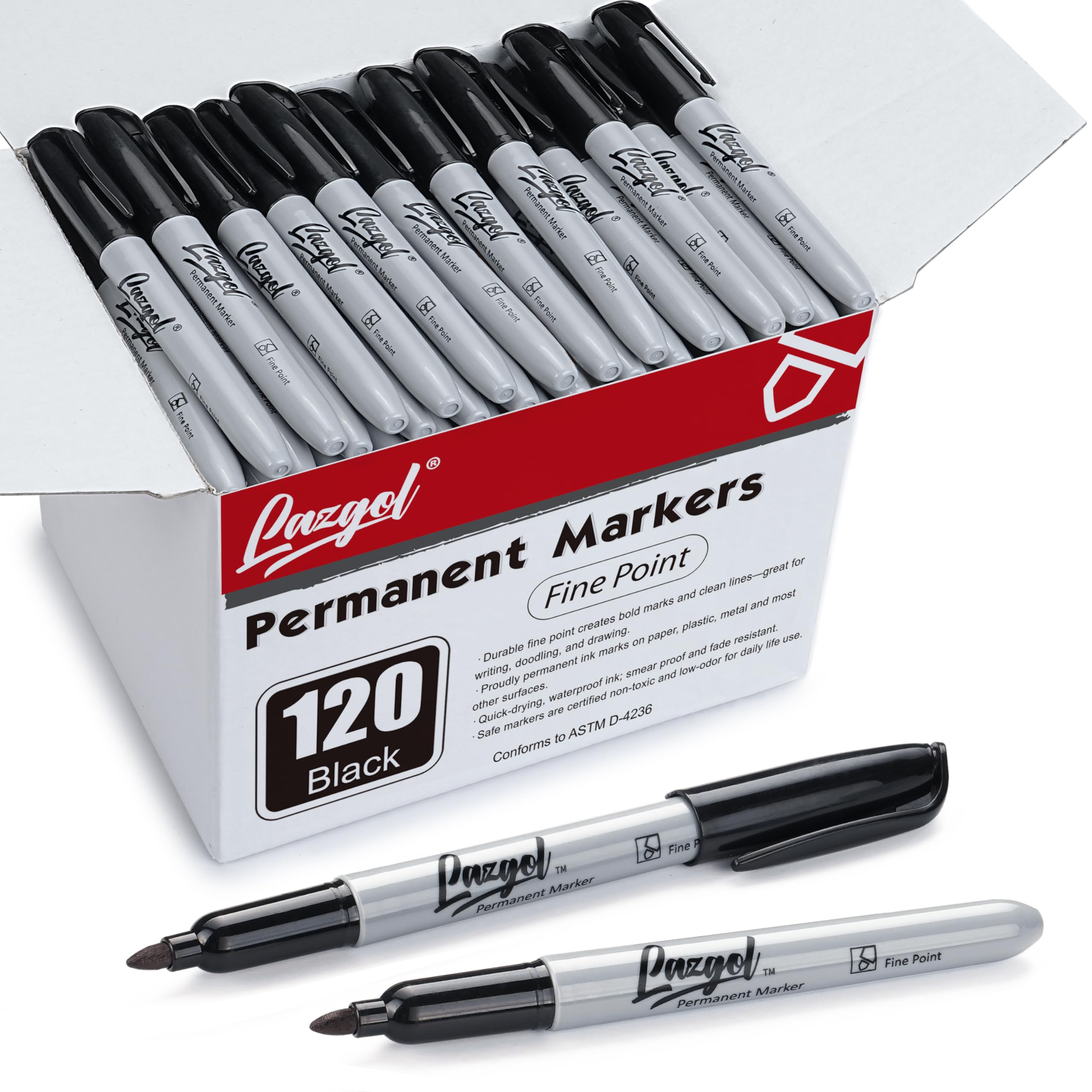 LAZGOL Markery permanentne luzem, zestaw czarnych markerów permanentnych, cienka końcówka, wodoodporne markery premium, wodoodporne, szybkoschnące, materiały biurowe do szkoły, biura, domu, 120 szt