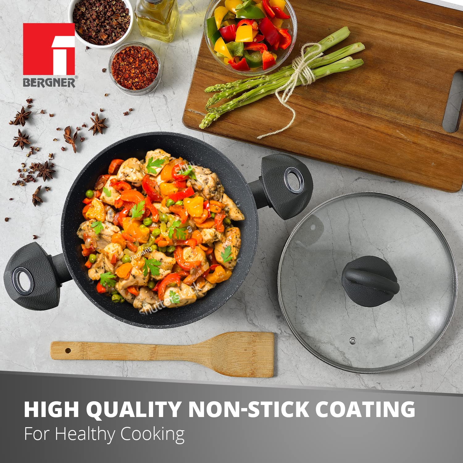 Bergner Orion NonStick 24 cm Casserole/Soup Pot, Glass Lid, 3.9 L Capacity, for Biryani/Pulao, Textured Soft Touch Handles, Granite Finish, Induction Bottom, 1-Year Warranty by Bergner 1