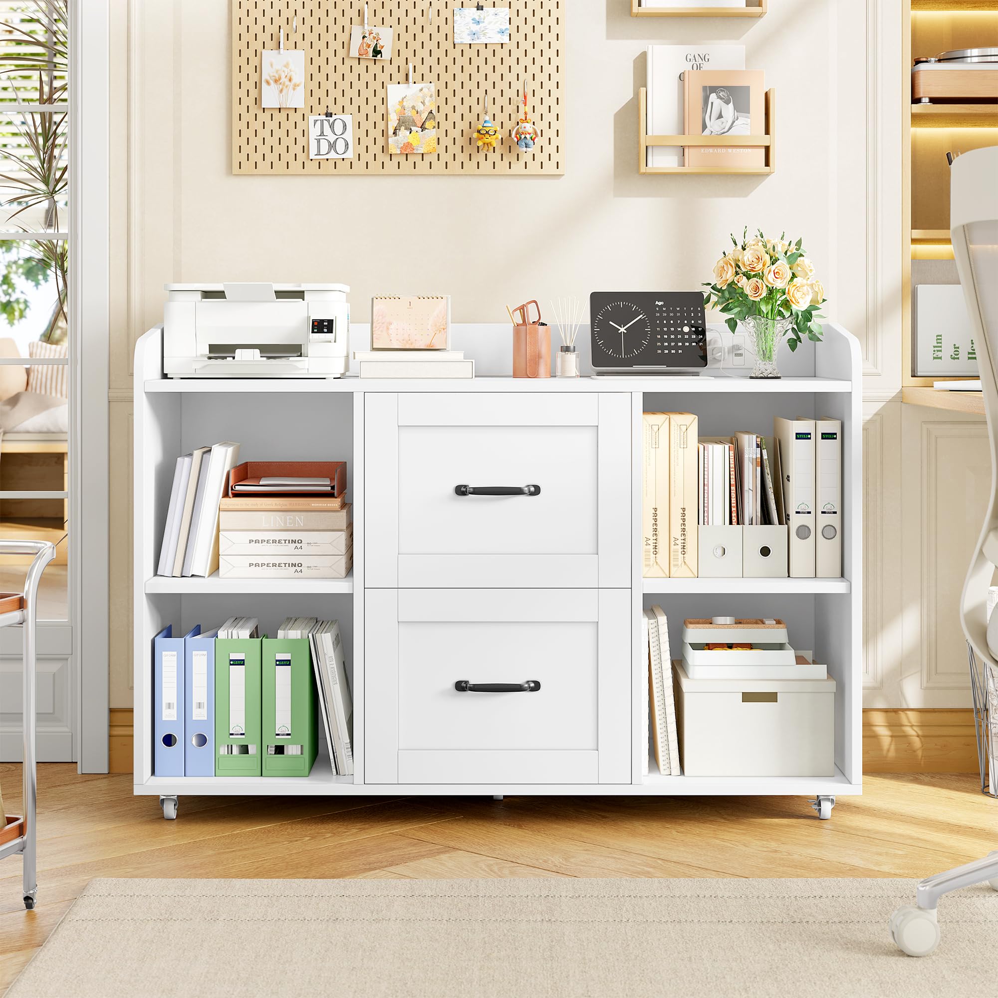 HOCSOK Armadietto Portadocumenti, Schedario da Ufficio, con Presa di Corrente e Porte USB, Cassettiera Ufficio a 5 Ruote, Cassettiera Scrivania per Documenti A4/Legal/Letter, Bianco, 108 * 37.8 * 76