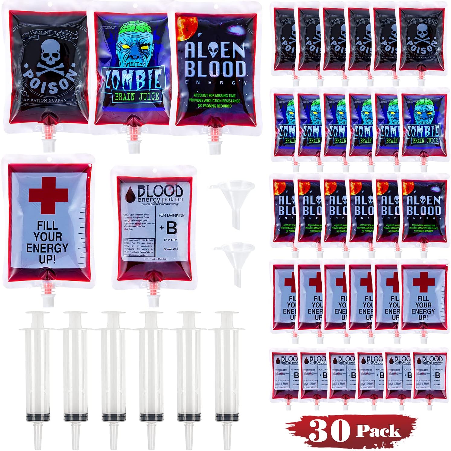 AOSTAR Halloween Blood Bags Party Supplies - 30 Halloween Drink Pouches + 6 Syringes + 2 Funnels Halloween Party Favors, Reusable Halloween Blood Bags Drink Bag for Vampire Zombie Costumes