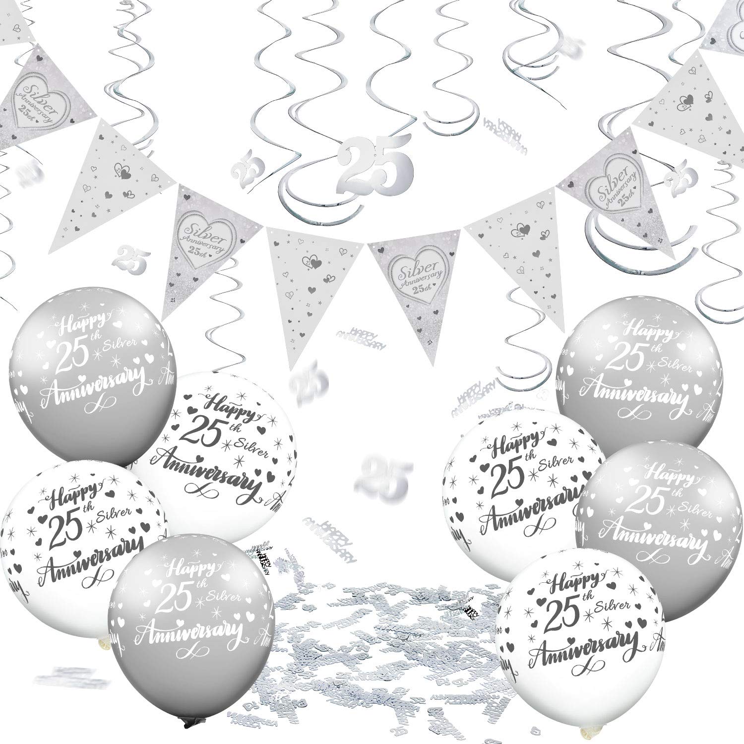 Juego de 25 Piezas Decoración 25 Aniversario Banderines de Aniversario de Plata Globos de Plata Feliz 25 Aniversario Remolinos Colgantes, Confeti Plateado para Fiesta San Valentin Boda Aniversario