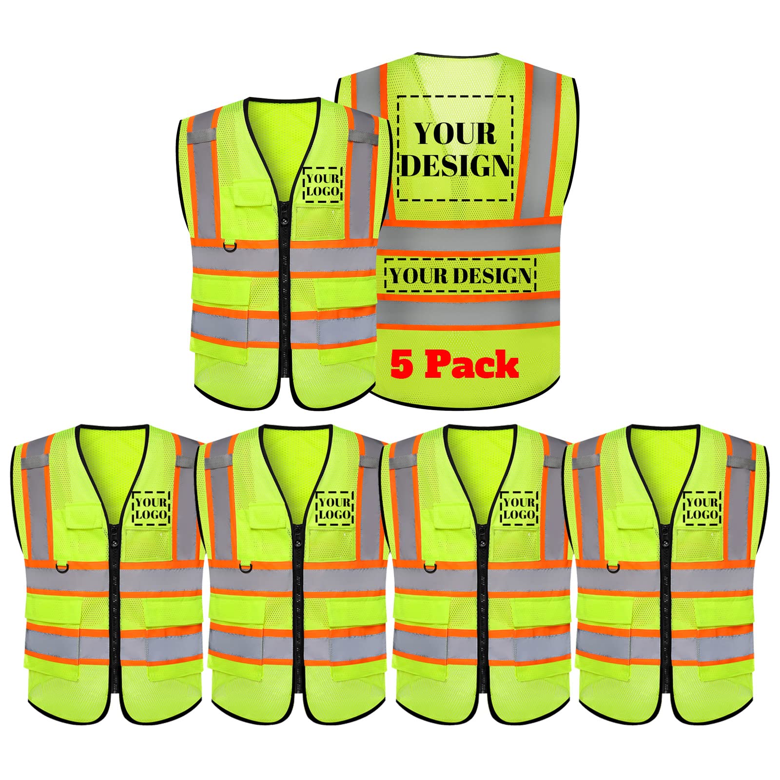evershare Safety Vest Reflective High Visibility with 5 Pockets ＆Zipper Class 2 Adult Unisex Construction Security Workwear