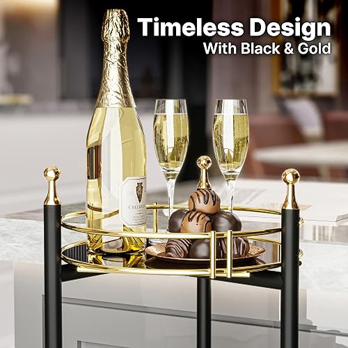 Miniatura 5 de BENOLDY Mesa de soporte para plantas de 2 niveles, marco de metal negro con 2 bandejas portátiles doradas, soporte para plantas, bandeja para