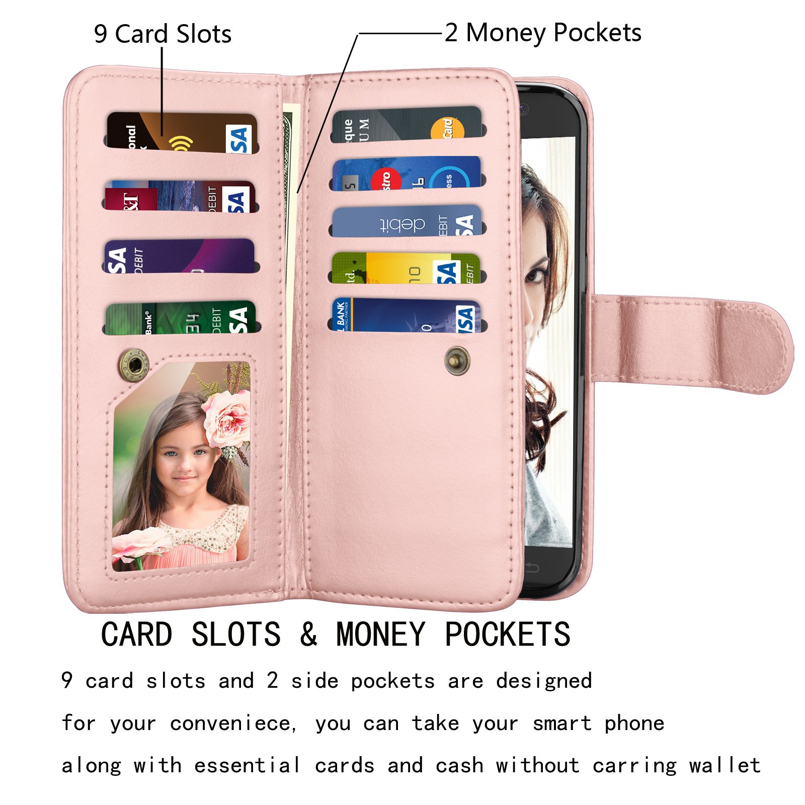 NJJEX for Galaxy S7 Wallet Case, for Samsung Galaxy S7 Case, Luxury PU Leather [9 Card Slots] ID Credit Folio Flip Cover [Detachable] [Kickstand] Magnetic Closure Phone Case & Wrist Strap [Rose Gold]