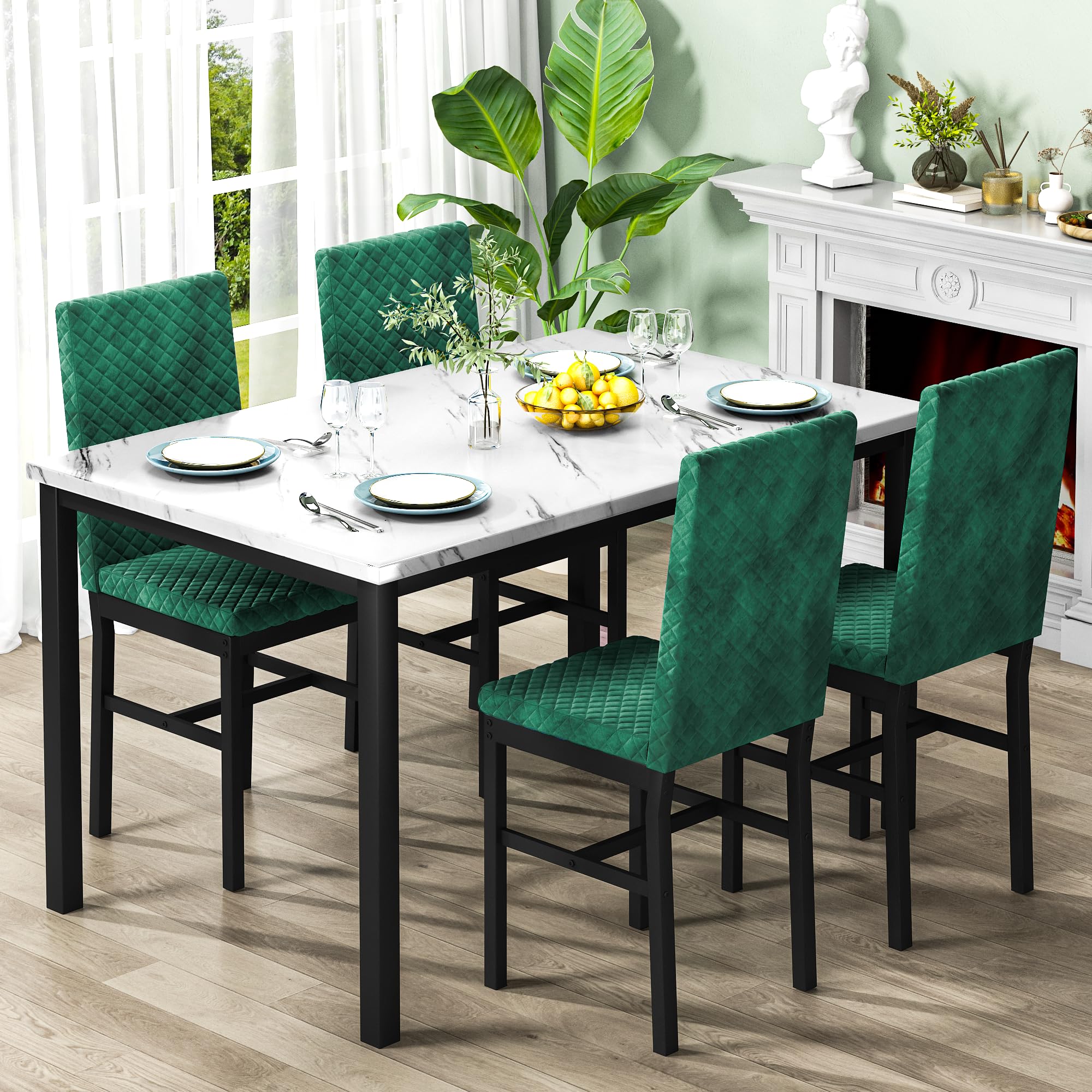 Sponsored Ad - Recaceik 5-Piece Small Dining Table Set for 4, Modern Faux Marble Kitchen Table with 4 Upholstered Velvet Chairs, Dining Room Table Set for Dinette, Breakfast Nook & Small Spaces, White & Green