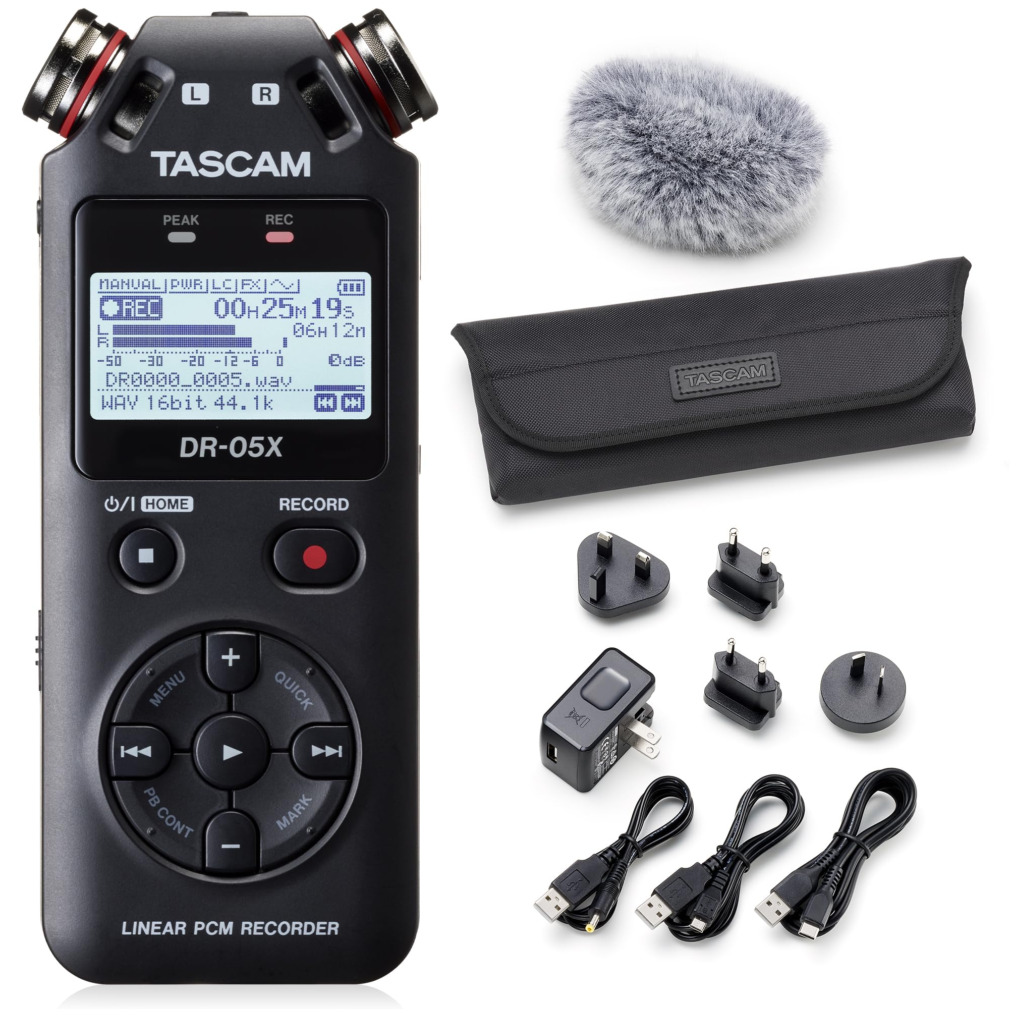 TascamDR-05X Recorder with Windscreen, Power Adapter and Case